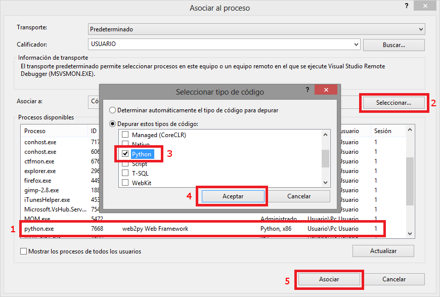 Asociar depurador a web2py en Visual Studio